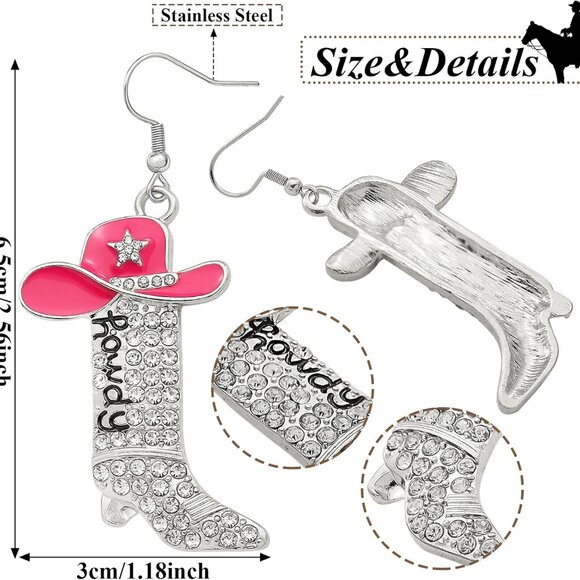 Glitter Rhinestone Cowgirl Earrings for Women, Western Howdy Letter Dangle Boot - Picture 7 of 8